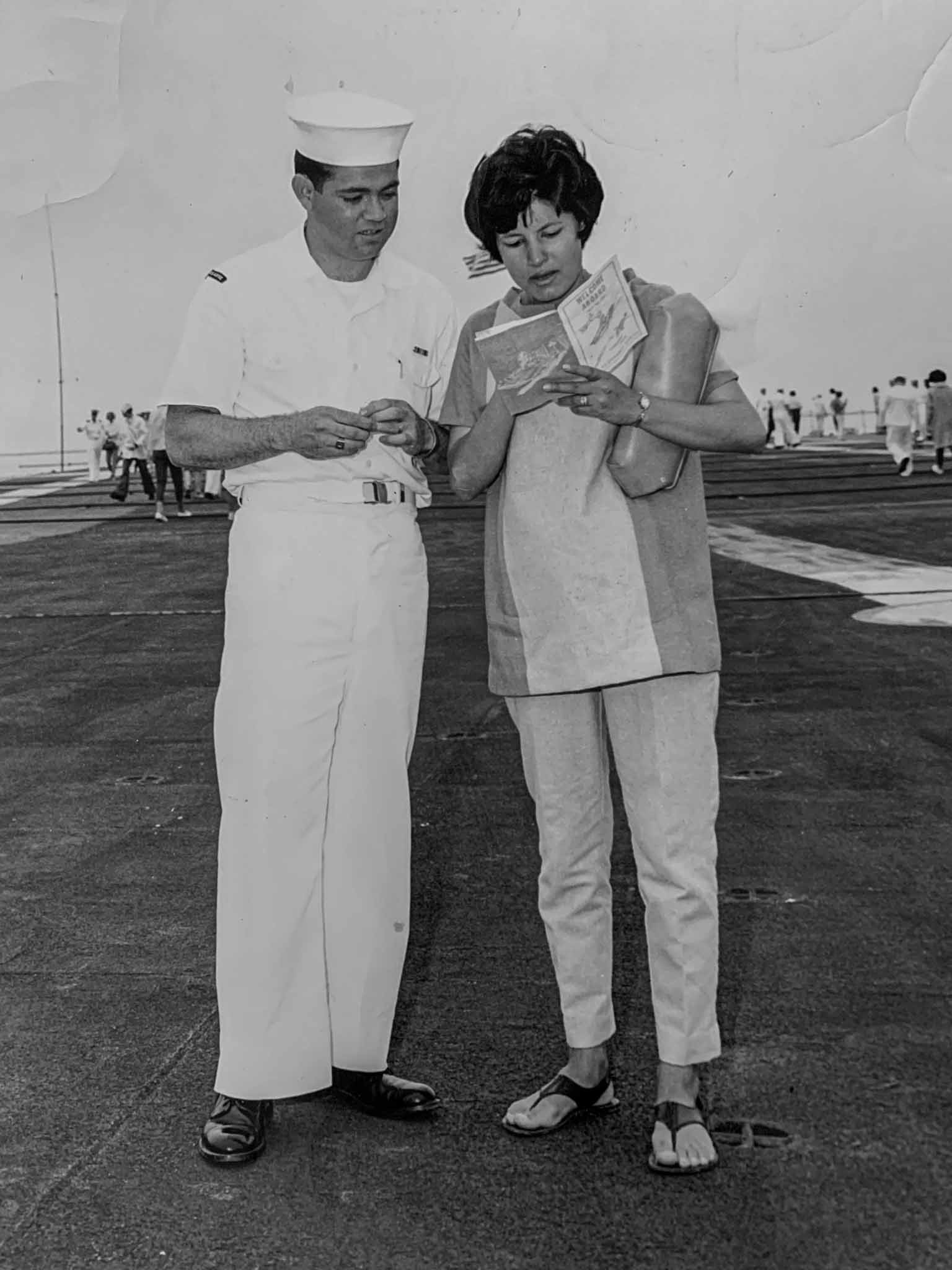 Juan and Ginny on the deck of the Kearsarge during a family visit.
        